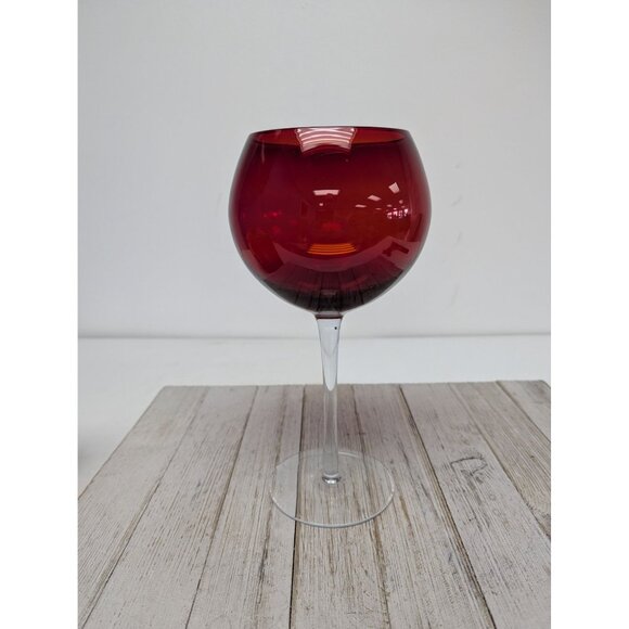 Vintage Red Crystal Wine Glass Balloon Blown Glass Long Stem 9 1/2" - Picture 1 of 6